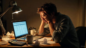 Stressed freelancer looking at messy bank statements and calculator