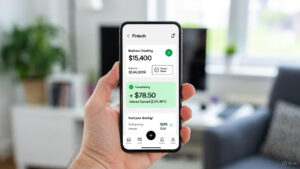 Mobile banking app dashboard showing high interest yield and business balance
