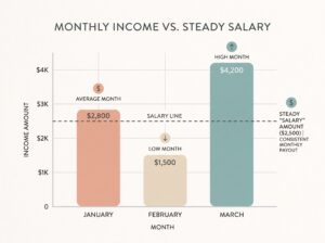Example of steady freelancer salary despite high, average, and low income months