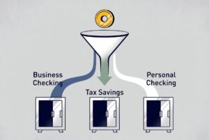 An infographic flowchart demonstrating the 3-account percentage split system used to separate business and personal finances.