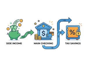 Illustration of three labeled bank accounts showing money flow from side income to taxes and savings