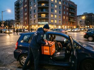 Delivery driver loading bags into a car for a same-day gig economy job