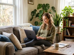 Freelancer working from home on a laptop doing online freelance work