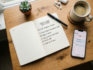 Person writing a checklist in a notebook to plan a side income strategy