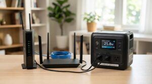 Modem and router both connected to one power station to show combined wattage