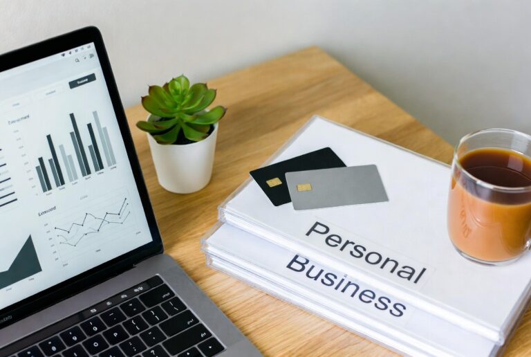 Top-down view of a freelancer's desk with two separate credit cards and files, illustrating how to separate business and personal finances.finances
